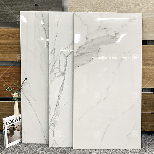 600x1200mm Υψηλό γυαλιστερό Carrara λευκό γυαλιστερό γυαλιστερό πλακάκι για πάτωμα Μαρμάρινο πορσελάνη πλακάκια